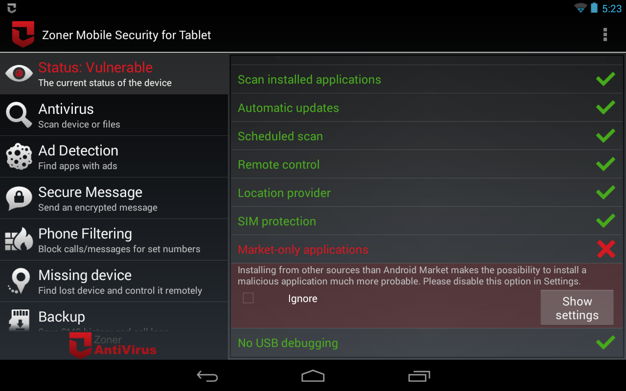 Zoner Mobile Security - Tablet